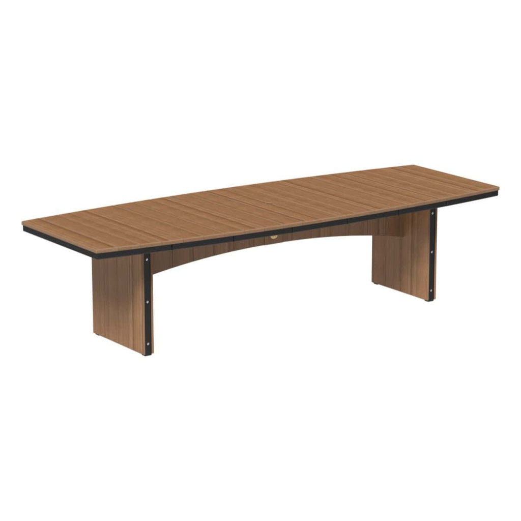 A modern conference table with a curved brown wood-grain top and matching pedestal legs, accented with black metal trim, shown on a plain white background.