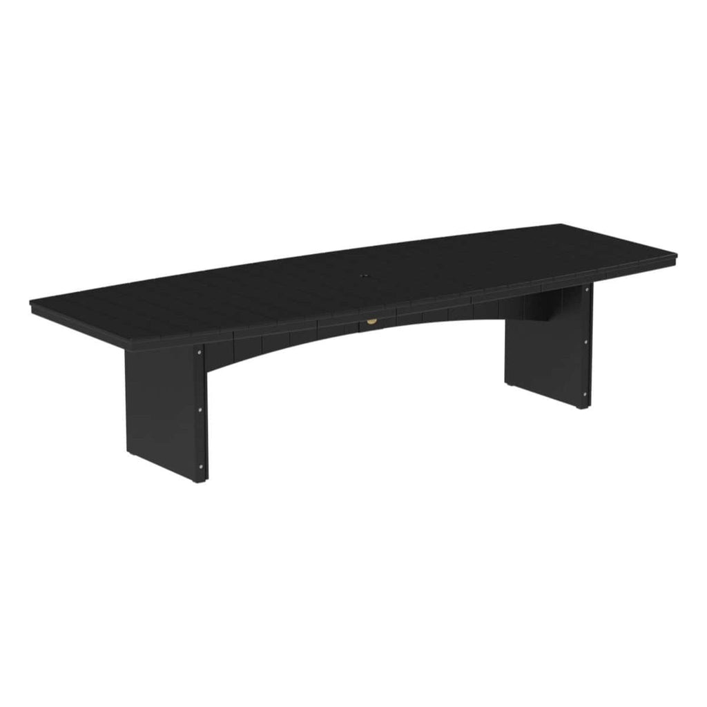 A black curved conference table with a rectangular top and two block-style legs, shown against a plain white background.