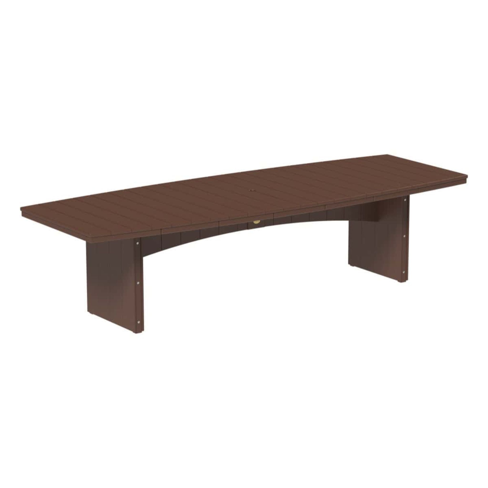 A long rectangular outdoor bench with a dark brown faux-wood slatted top and matching curved support legs, shown on a plain white background.