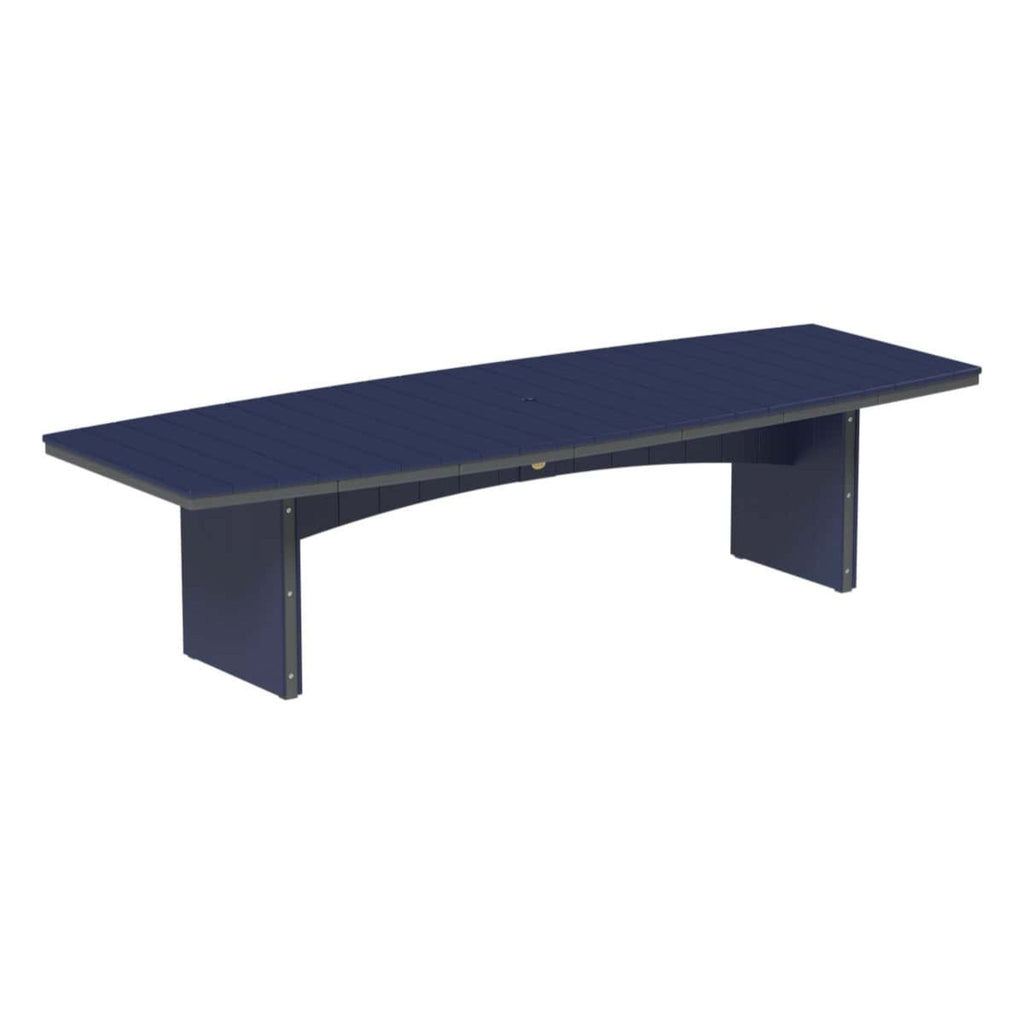 A modern navy blue conference table with a curved top and integrated side legs, shown on a plain white background.
