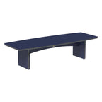 A modern navy blue conference table with a curved top and integrated side legs, shown on a plain white background.