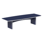 A modern rectangular table with a dark navy blue top and matching legs, accented with silver metal trim, shown against a plain white background.