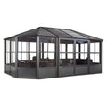 Hexagonal glass gazebo with dark metal frame on a white background