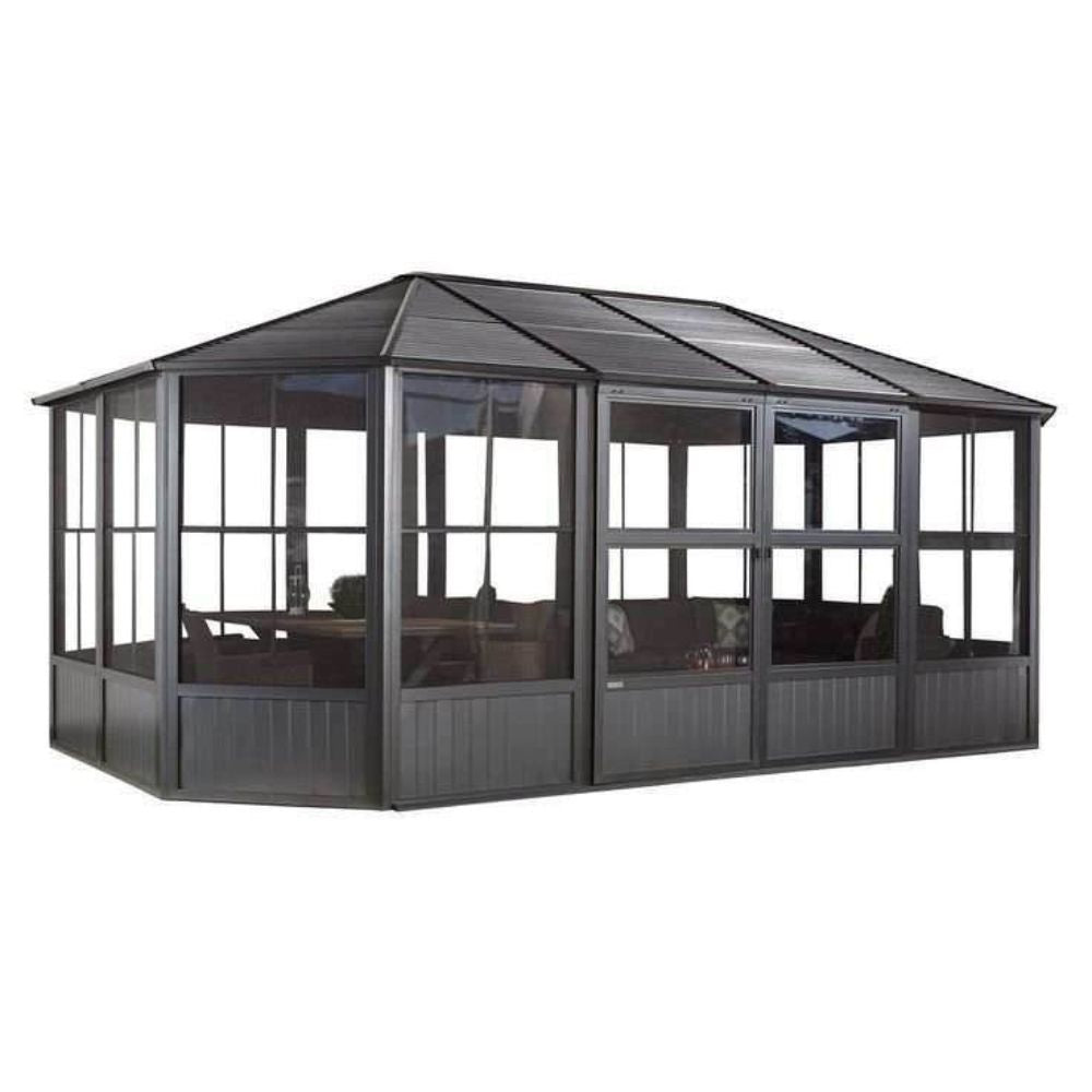 Hexagonal glass gazebo with dark metal frame on a white background
