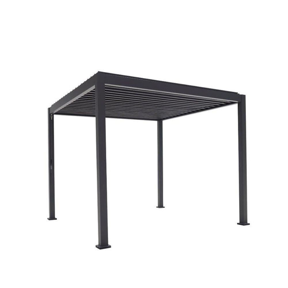 Black metal pergola structure on a white background
