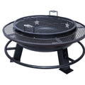 Black metal fire pit with mesh screens on a white background
