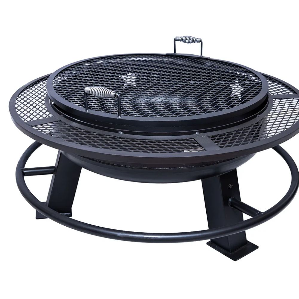 Black metal fire pit with mesh screens on a white background