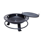 Black metal fire pit with grill top on a white background
