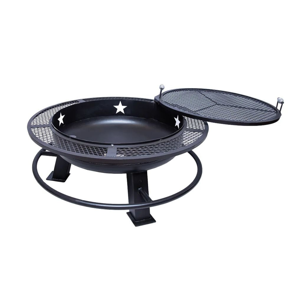 Black metal fire pit with grill top on a white background