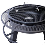Black metal fire pit with mesh design on a white background
