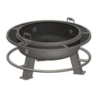 Gray metal fire pit with mesh screen on a white background