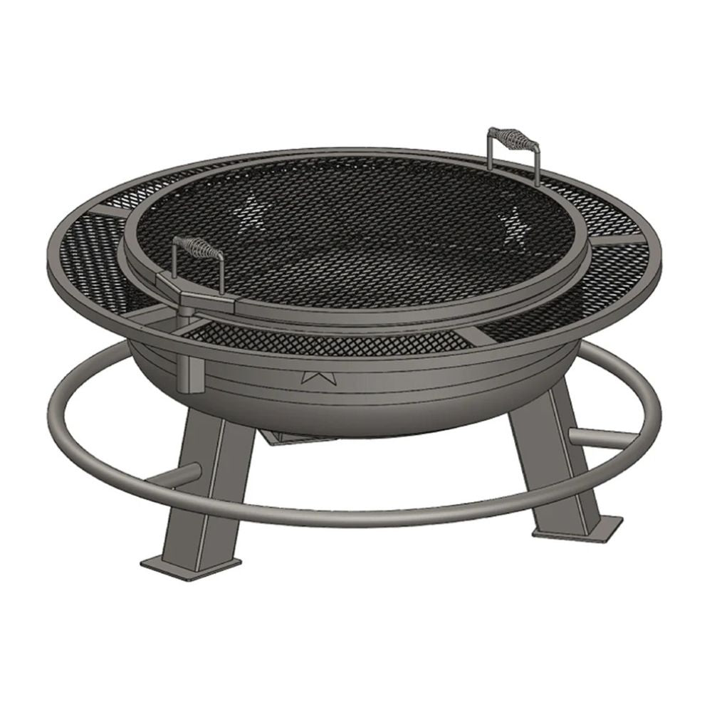 Gray metal fire pit with mesh screen on a white background