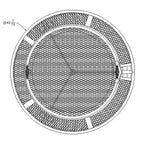 Technical drawing of a circular metal mesh filter with dimensions