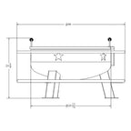 Technical drawing of a bathtub with dimensions labeled