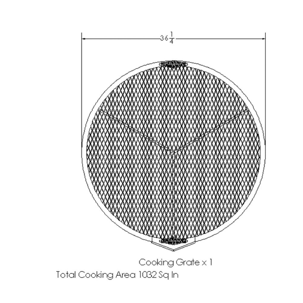 Diagram of a cooking grate with dimensions on a white background
