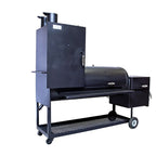 Black barbecue smoker on wheels with a white background