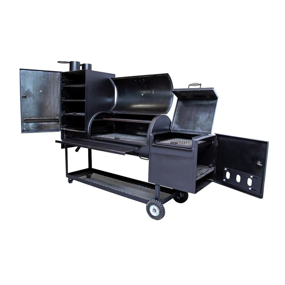 Black barbecue grill with open doors on a white background