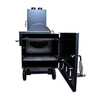 Black metal stove with open door on a white background