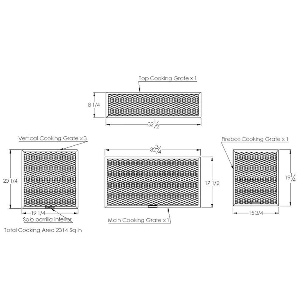 Diagram of various cooking grates with dimensions on a white background