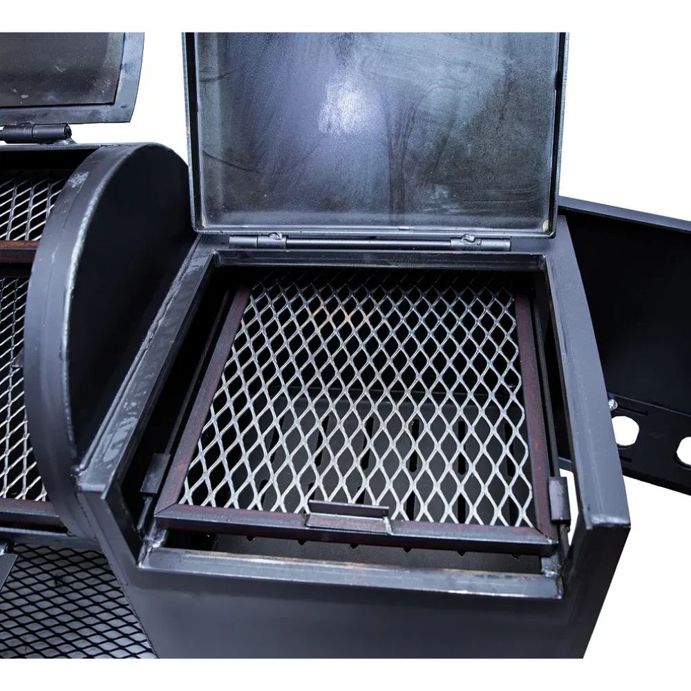 Close-up of a black metal grill with open lid showing grid design.