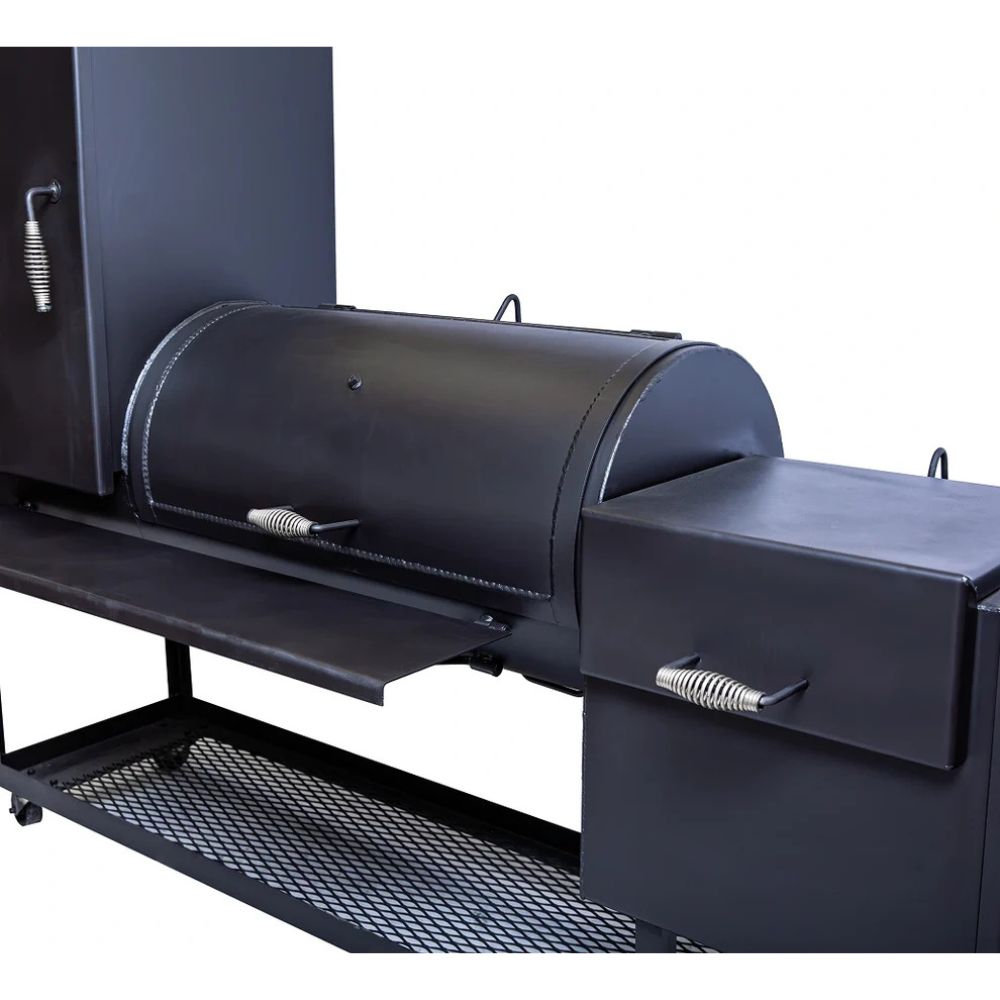 Black barbecue grill with a lid open on a white background