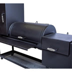 Black barbecue grill with a lid open on a white background