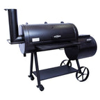 Black barbecue grill on wheels with a white background