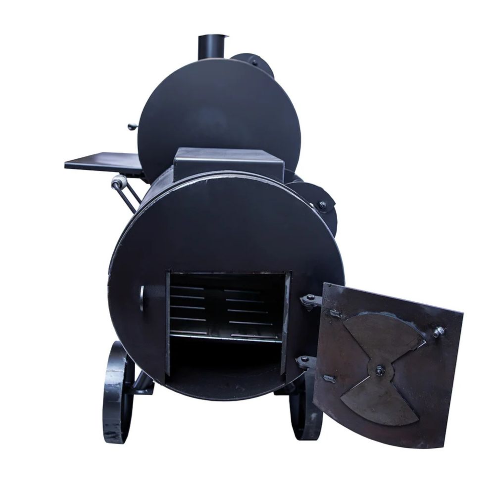 Black metal barbecue smoker on a white background
