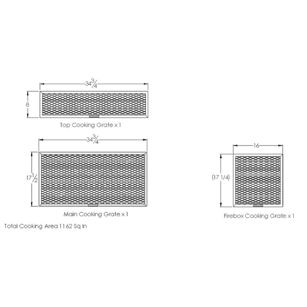 Diagram of cooking grates with dimensions on a white background