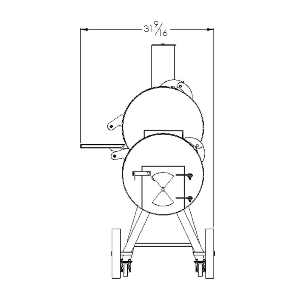 Technical drawing of a cylindrical machine with dimensions labeled