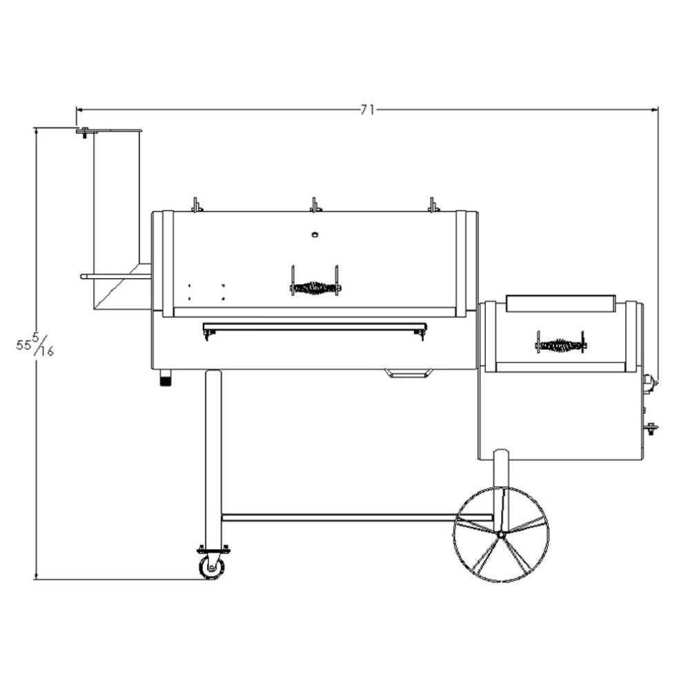 Technical drawing of a barbecue grill with dimensions