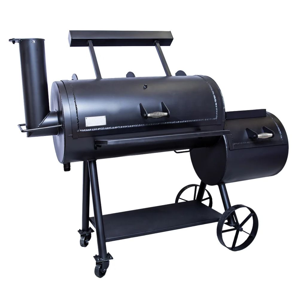 Black barrel-style barbecue grill on a white background