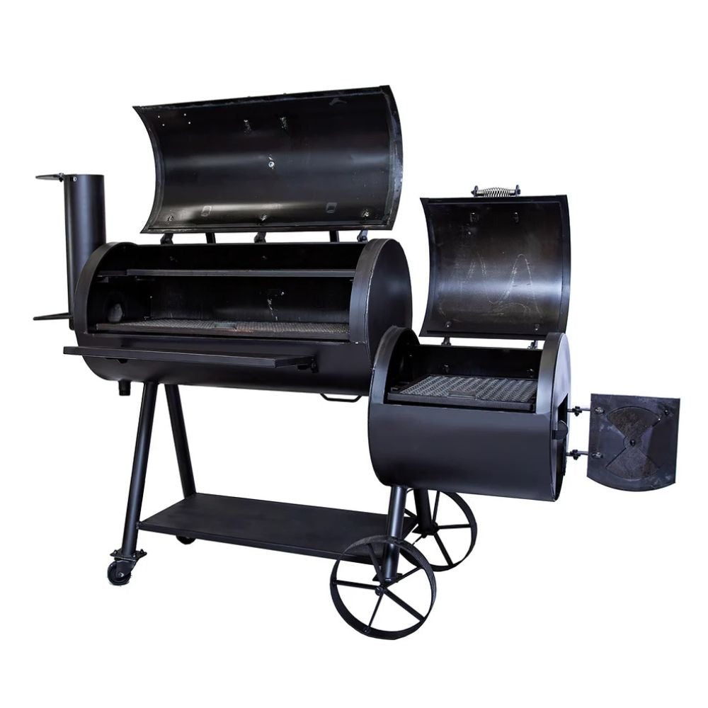 Black barbecue grill with multiple compartments on a white background