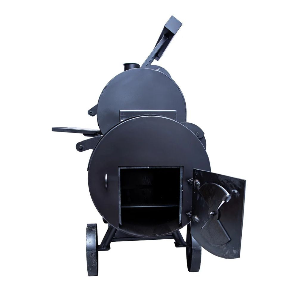 Black metal barbecue smoker on a white background