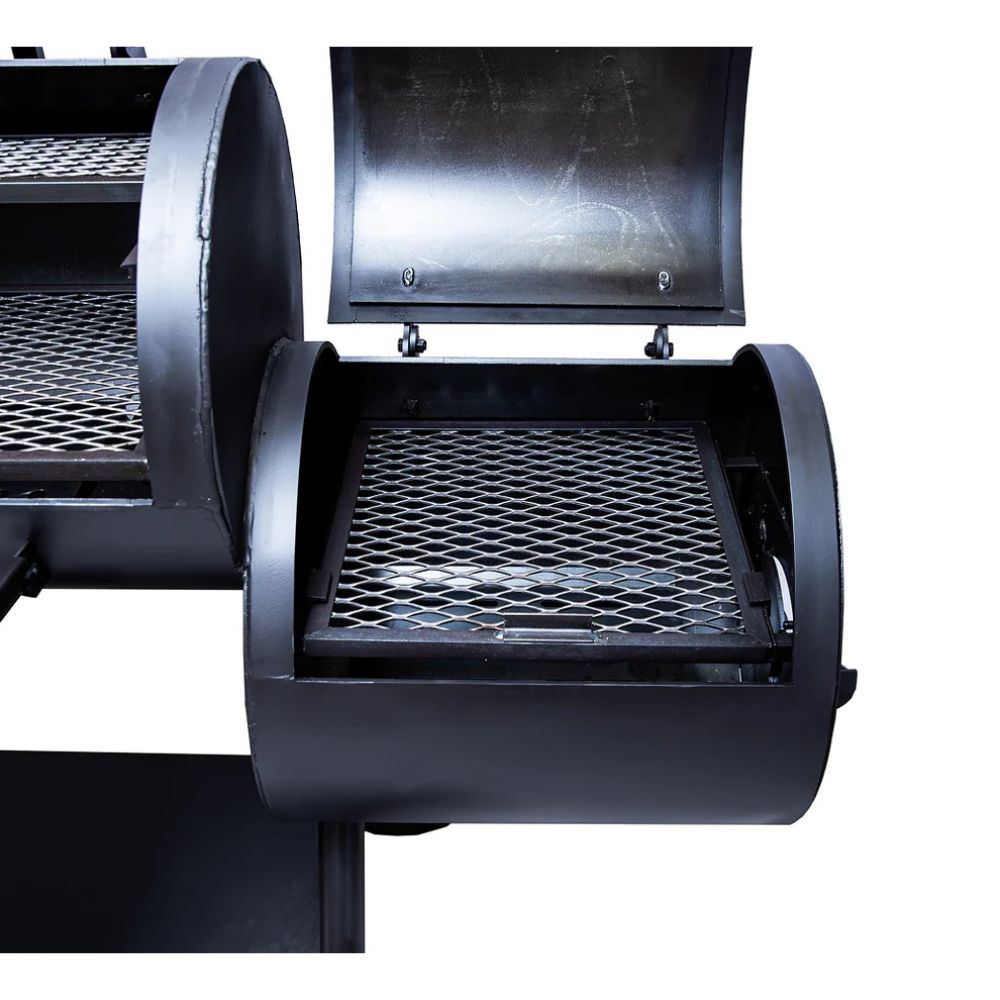 Black metal grill with a lid on a white background