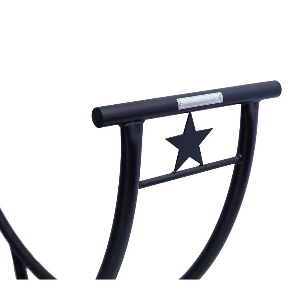 Black metal bike rack with a star design on a white background