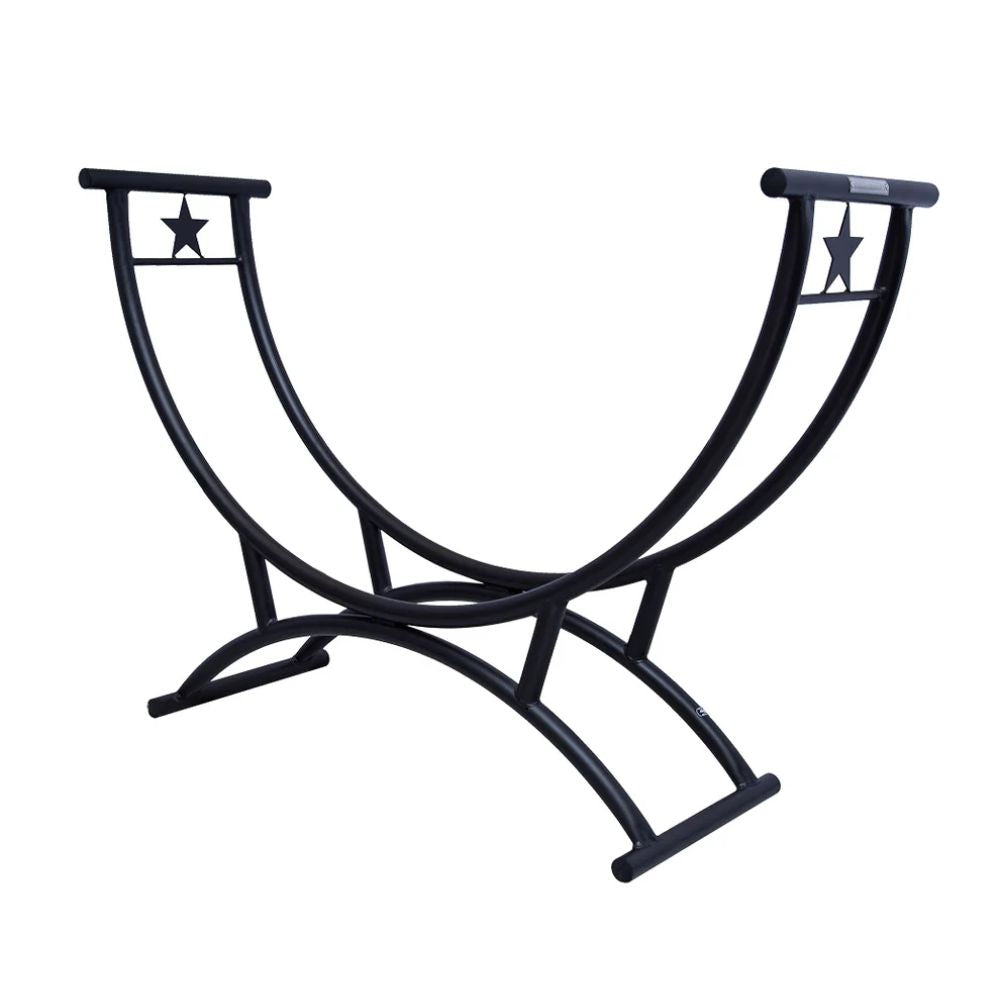 Black metal wine rack with star designs on a white background