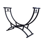 Black metal wine rack with star designs on a white background