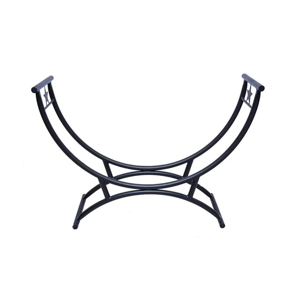 Black metal firewood holder on a white background