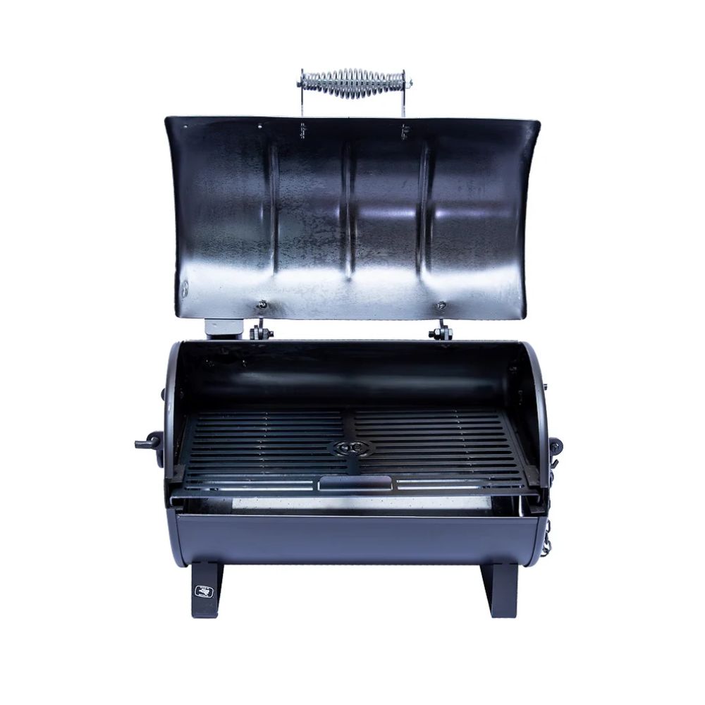 Black barbecue grill with lid open on a white background