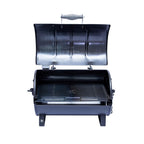Black barbecue grill with lid open on a white background