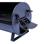 Metallic grill with open lid on a white background