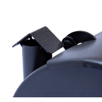 Close-up of a black metal bracket attached to a larger metallic object on a white background