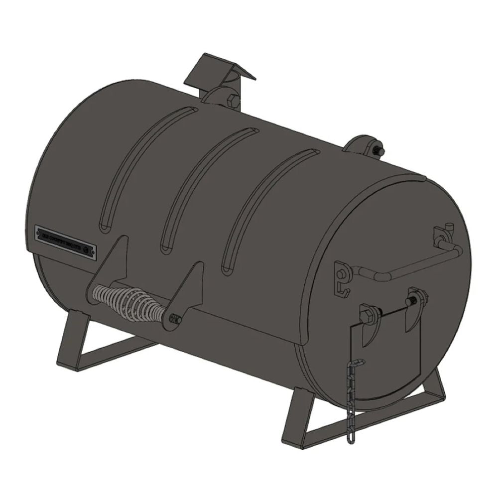 Black metal tank with a stand on a white background