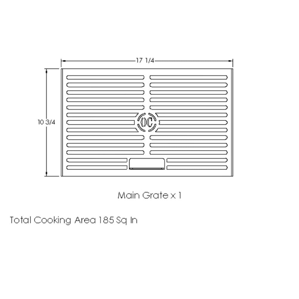 Diagram of a stove grate with dimensions and total cooking area on a white background