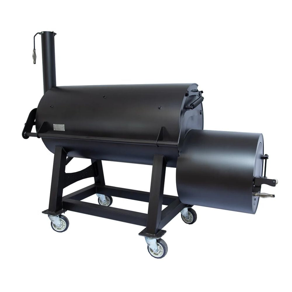 Black barbecue smoker on wheels with a white background