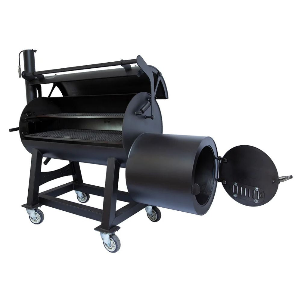 Black metal machine with cylindrical component and wheels on a white background