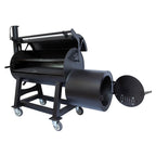 Black metal machine with cylindrical component and wheels on a white background