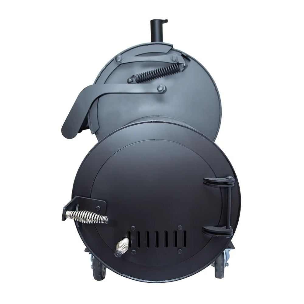Black barbecue grill with open lid on a white background