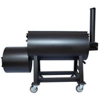 Black cylindrical smoker on wheels with a white background